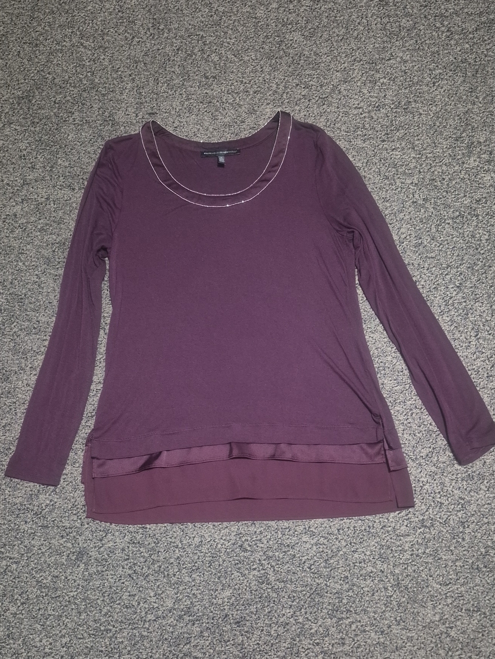 White House Black Market Plum Layered-Hem Long Sleeve Top with Beaded Neckline